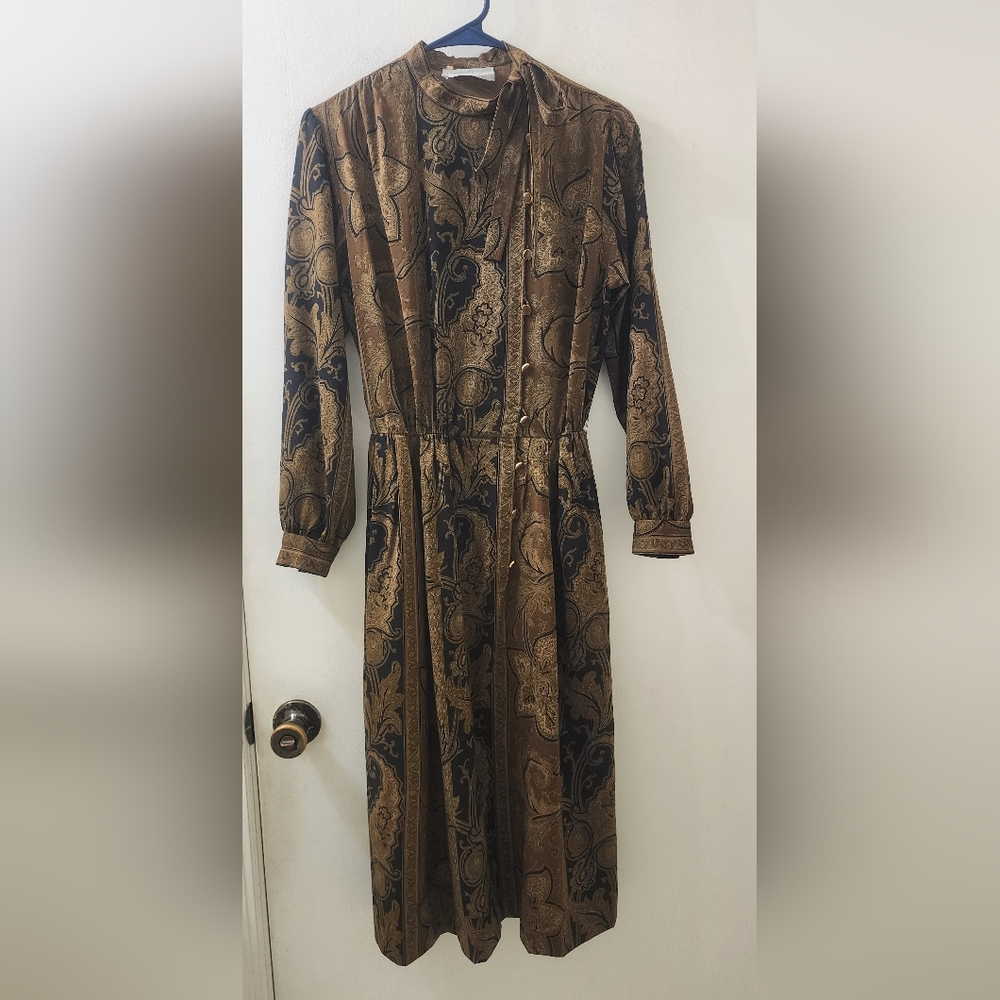 Bleu Marine Design Paris Elegant Brown and Black Patterned Dress, Size 40.